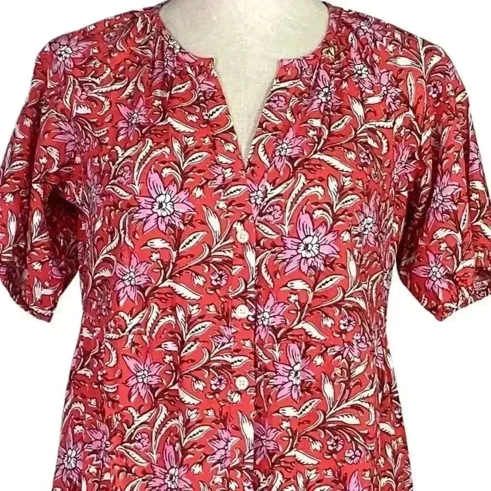 Loft Women S Floral Tier Pocket Shirt Dress Red White Rayon Short Sleeves NEW - Picture 4 of 12
